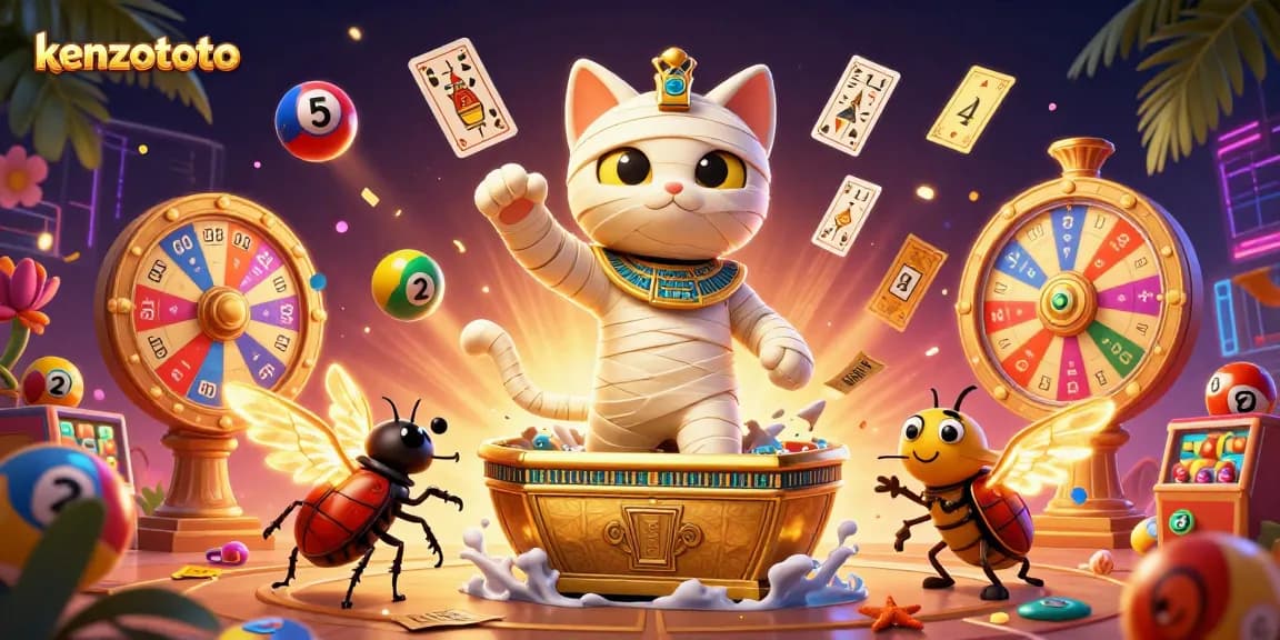 Kenzototo offers vibrant lottery gameplay with colorful balls and thrilling prize wheels in a lively casino scene.