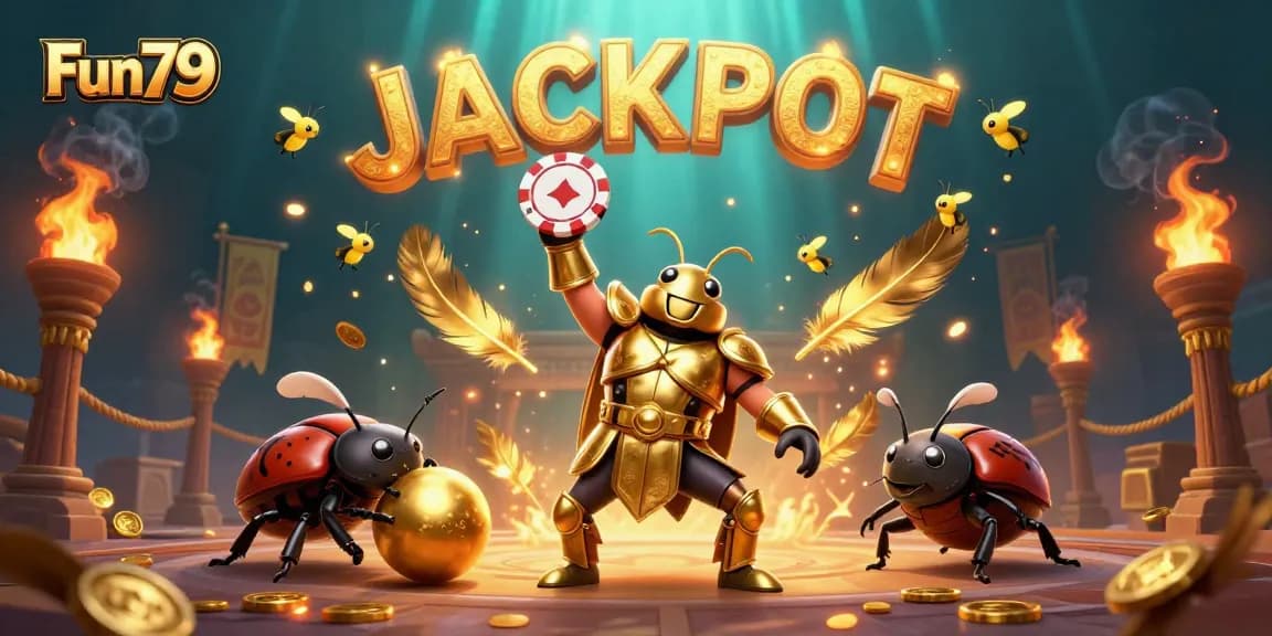 Fun79 offers thrilling gaming experiences with vibrant casino elements, showcasing a victory scene.