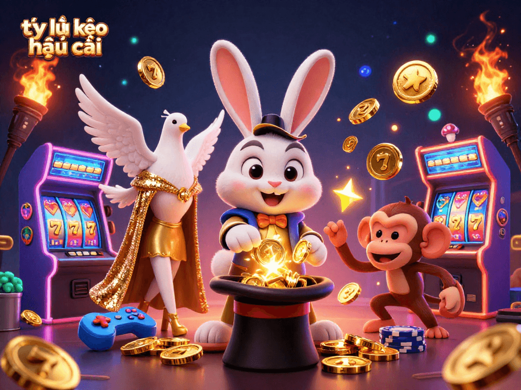 Engage with tỷ lệ kèo nhà cái in this dynamic 3D casino scene featuring a magician rabbit, a dove in a sequined cape, and a playful monkey with poker chips.