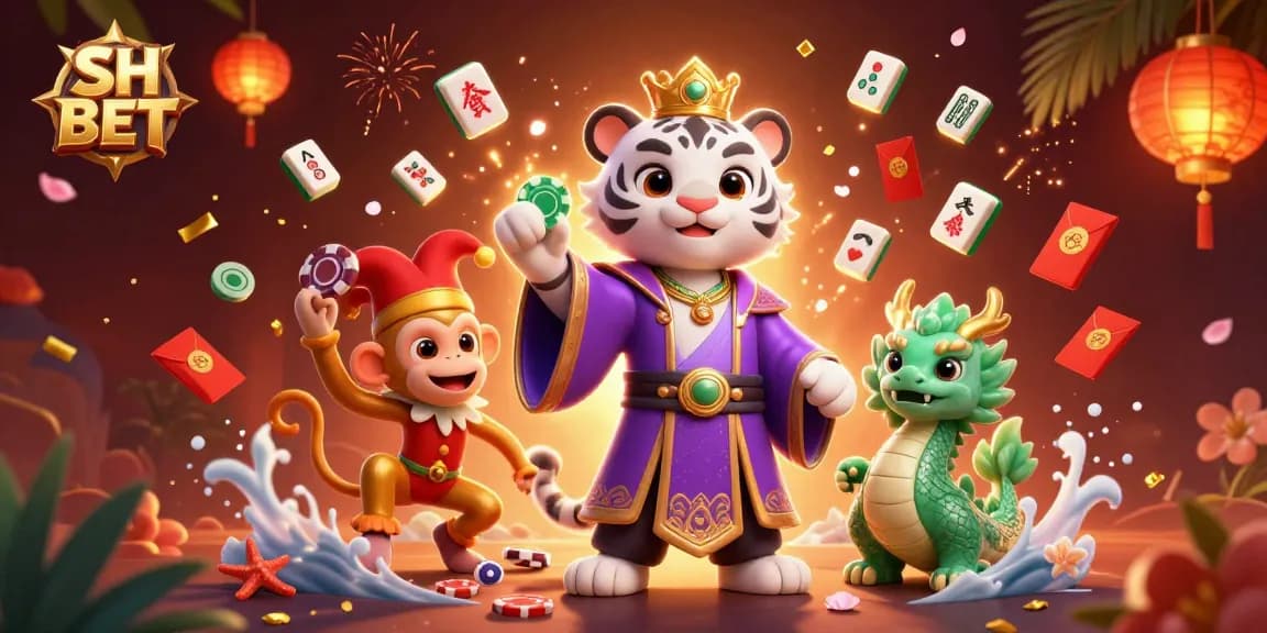 Engage with SH BET in a vibrant casino-themed illustration featuring an elegant tiger, monkey, and jade dragon.