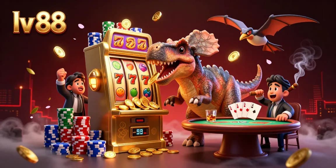 Spin the lv 88 jackpot with a dinosaur headbutting a slot machine and coins flying everywhere.