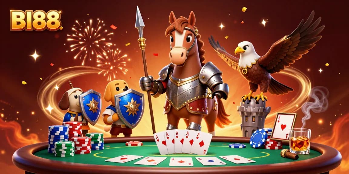 BI88 engages players with thrilling poker action amidst a vibrant casino backdrop.