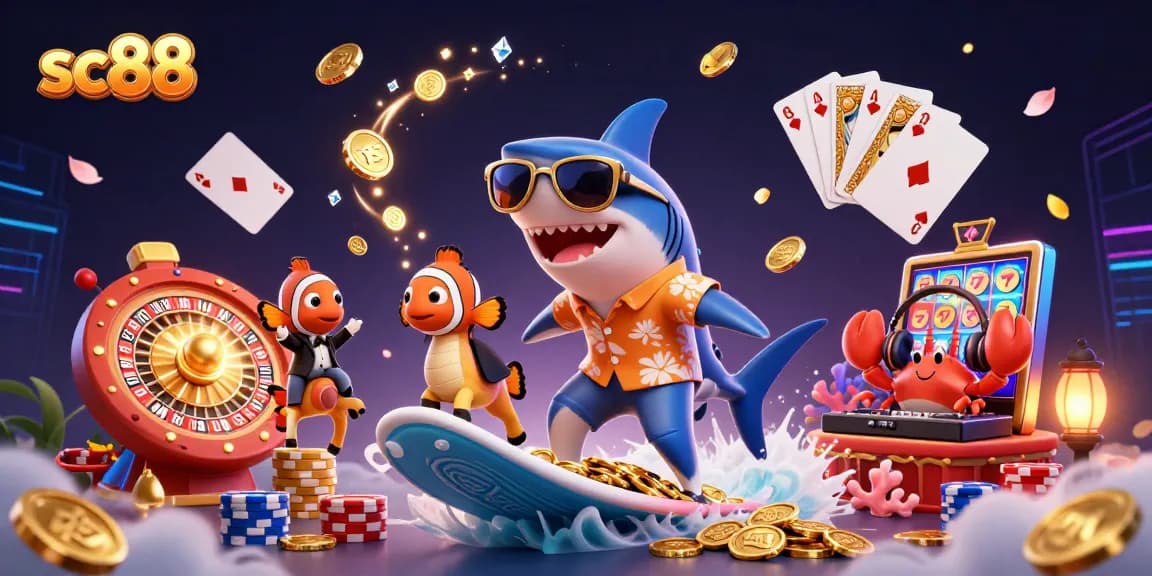sc88 celebrates big wins with a vibrant casino scene featuring a shark, fish, and DJ amid gold coins.