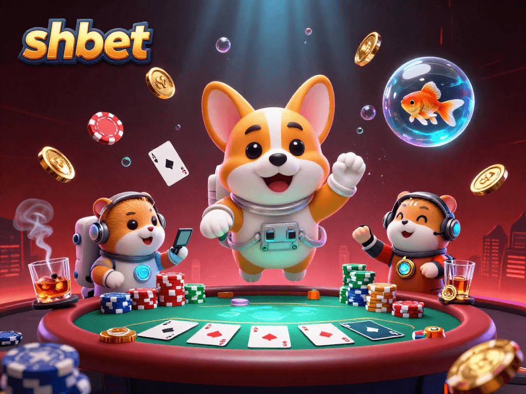 Engaging shbet scene with an astronaut corgi and poker elements in a floating casino.