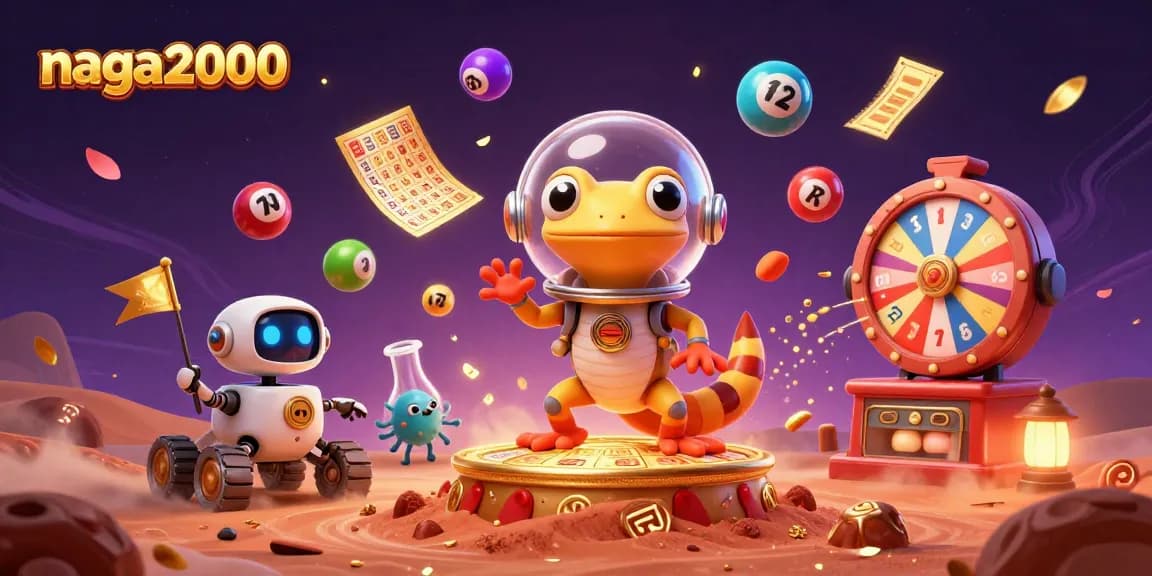 Menangkan jackpot tinggi di NAGA2000 dengan keberuntungan gecko Martian dalam ilustrasi kasino.