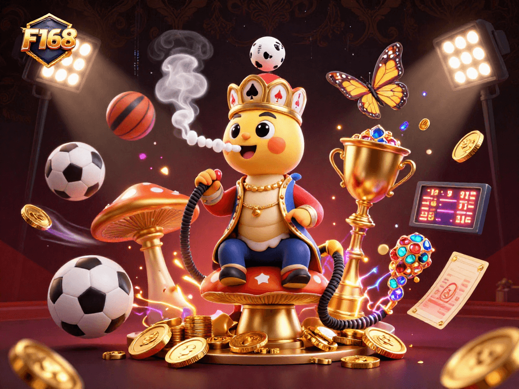 Experience F168's dazzling casino with a vibrant 3D illustration featuring a caterpillar hookah-master and dynamic sports elements.