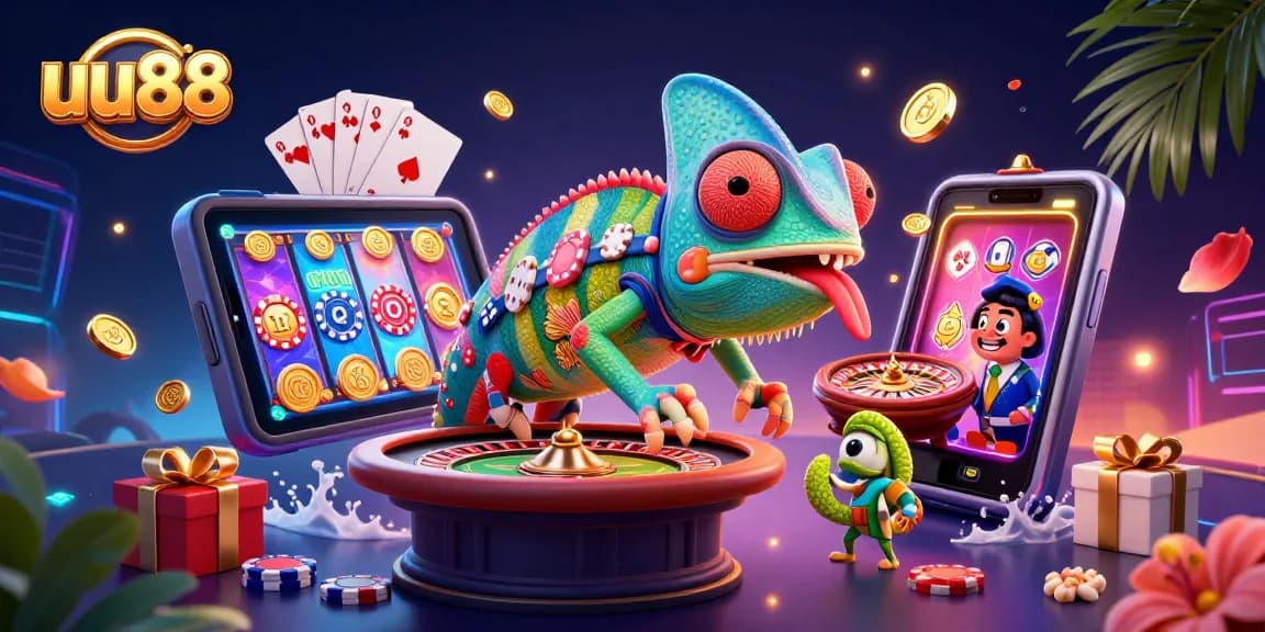Engage with uu88's dynamic casino world featuring a chameleon owner, games, and golden treasures.