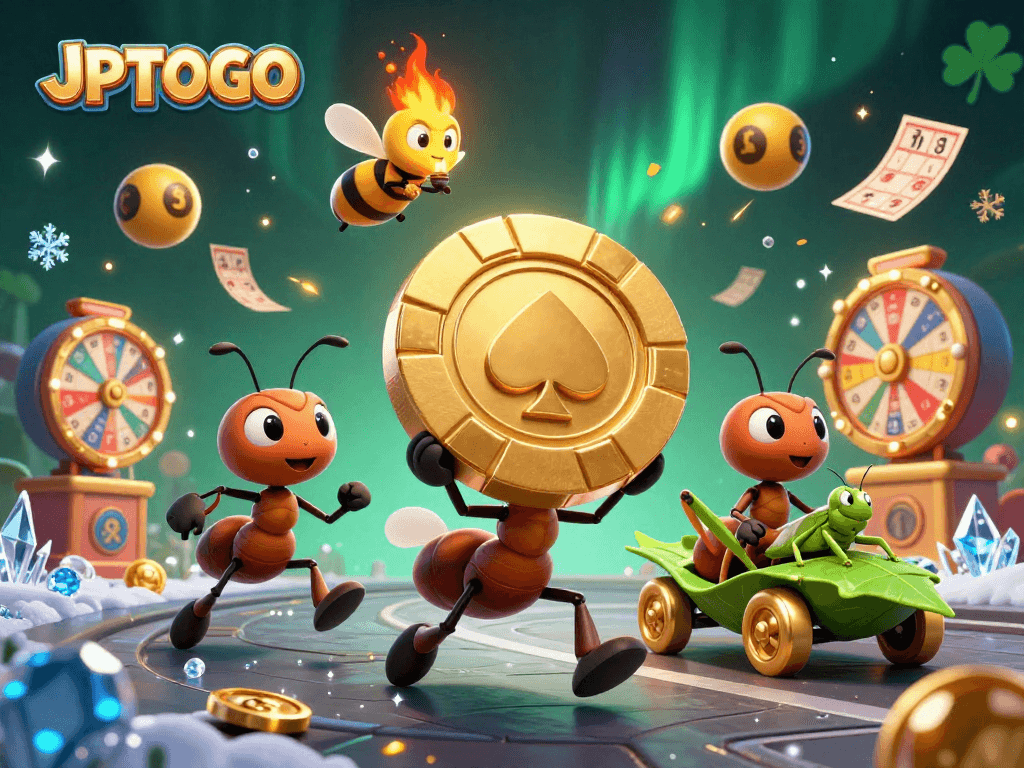 Engage in the thrill of JPTOTO lottery with dynamic elements and vibrant characters in a 3D illustration.