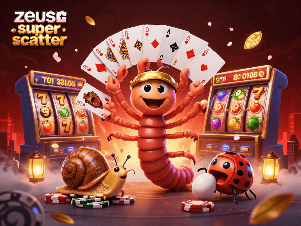 Experience thrilling gameplay with Zeus Super Scatter, featuring vibrant slot reels and a colorful casino atmosphere.