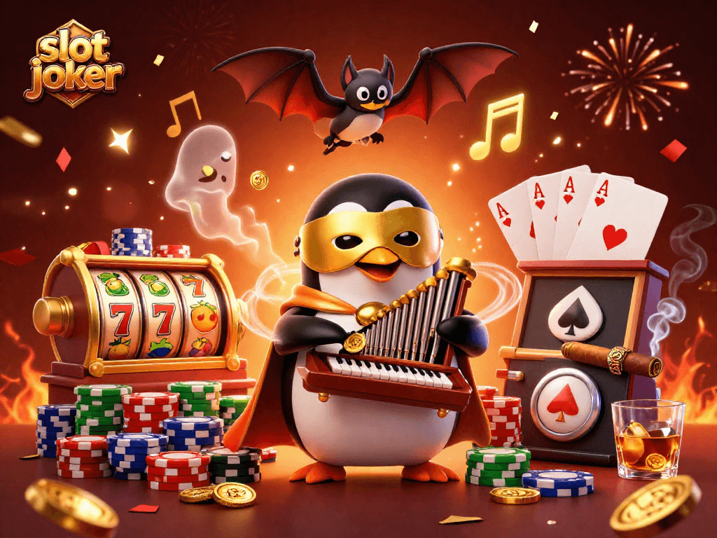 Slot joker menghadirkan penguin opera bermain organ dengan koin emas bertebaran dan gulungan slot berputar.