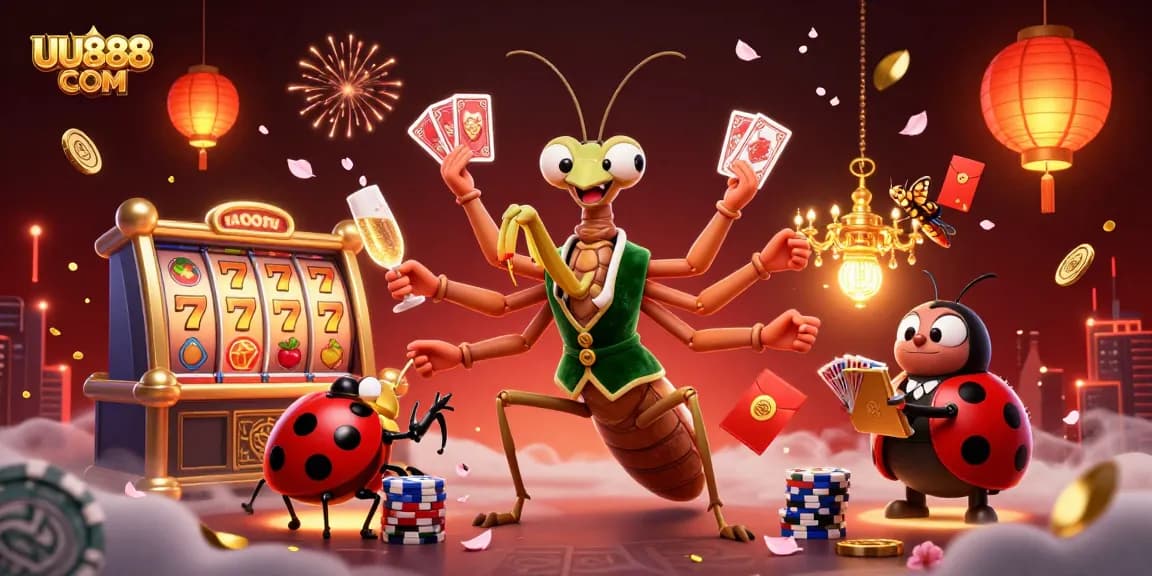 Win big at UU888 COM with this lively illustration of an engaging casino scene featuring unique characters.
