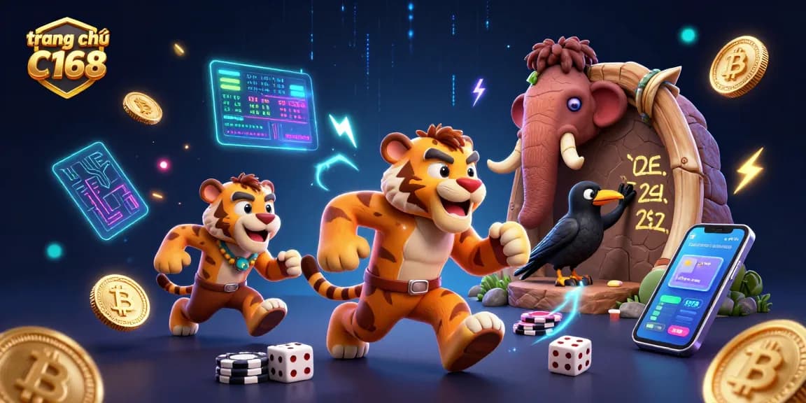 Catch the excitement on trang chủ C168 with a lively casino scene featuring unique prehistoric characters, poker chips, and digital currencies.