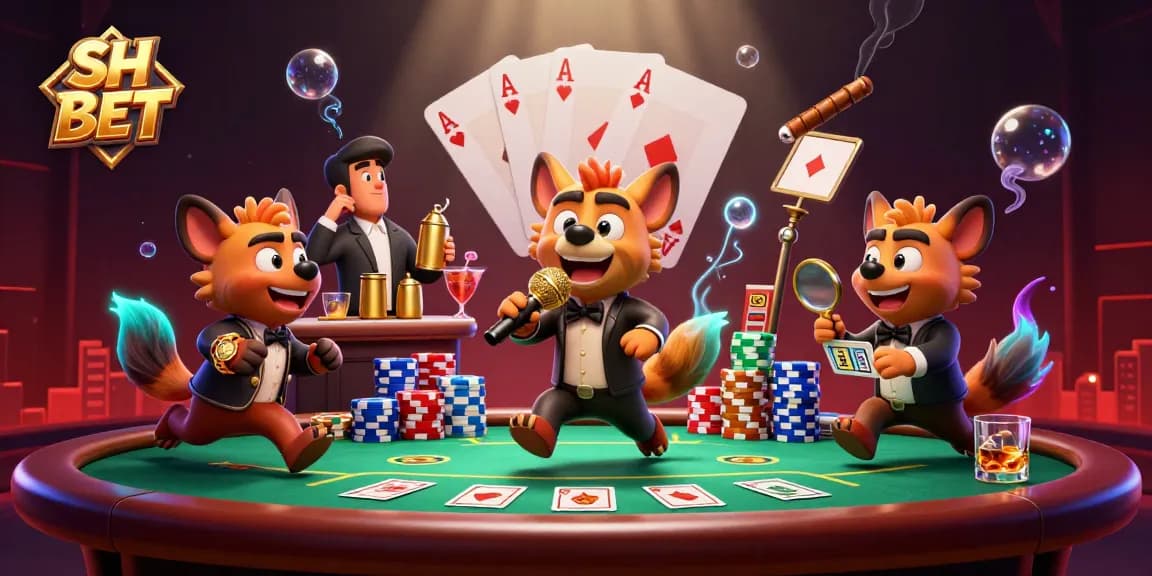 Experience laughter at SH BET's casino with hyenas at a comedy club, vibrant gaming elements