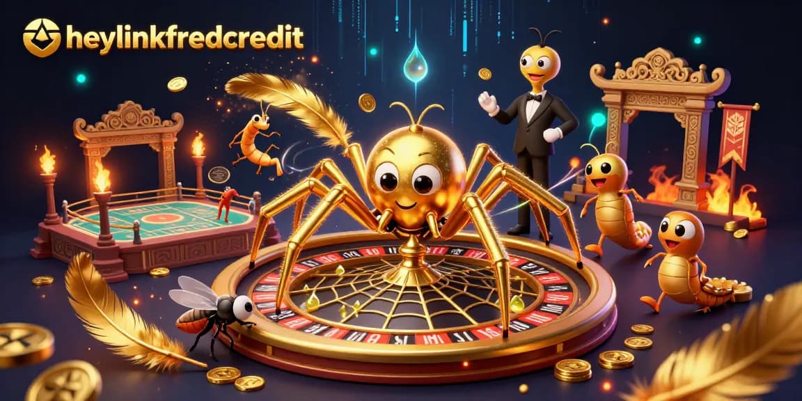 heylinkfreecredit showcases a colorful 3D casino scene with a spider spinning a roulette wheel and dynamic betting action.
