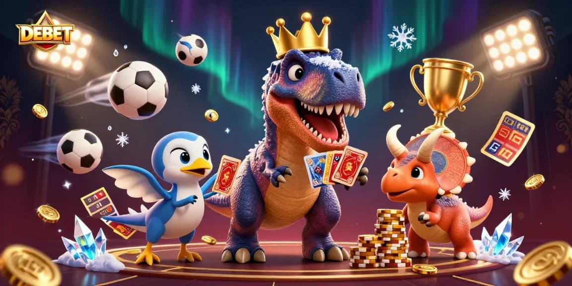 Engaging 3D illustration of DEBET card game scene with vibrant characters and sports elements.