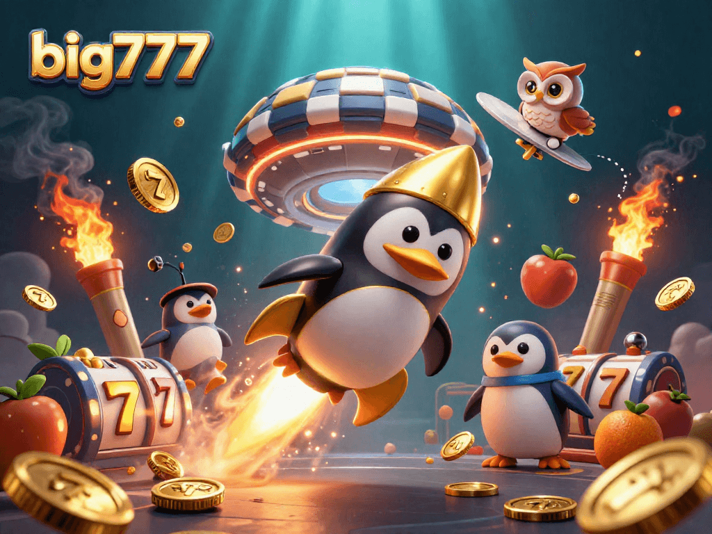Experience big777 thrills with a golden penguin rocket blasting toward a lively casino!
