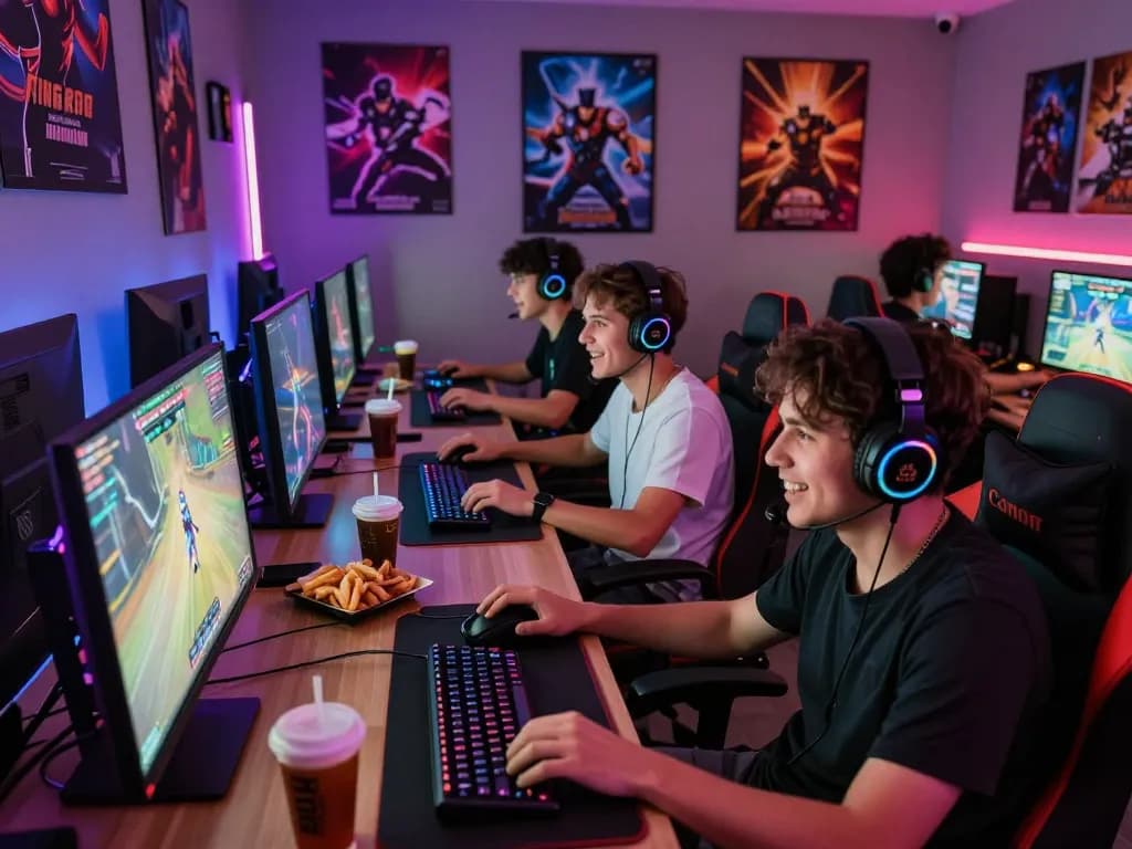 Gamers enjoying the thrill of sunwin9 cocom in a vibrant gaming lounge.