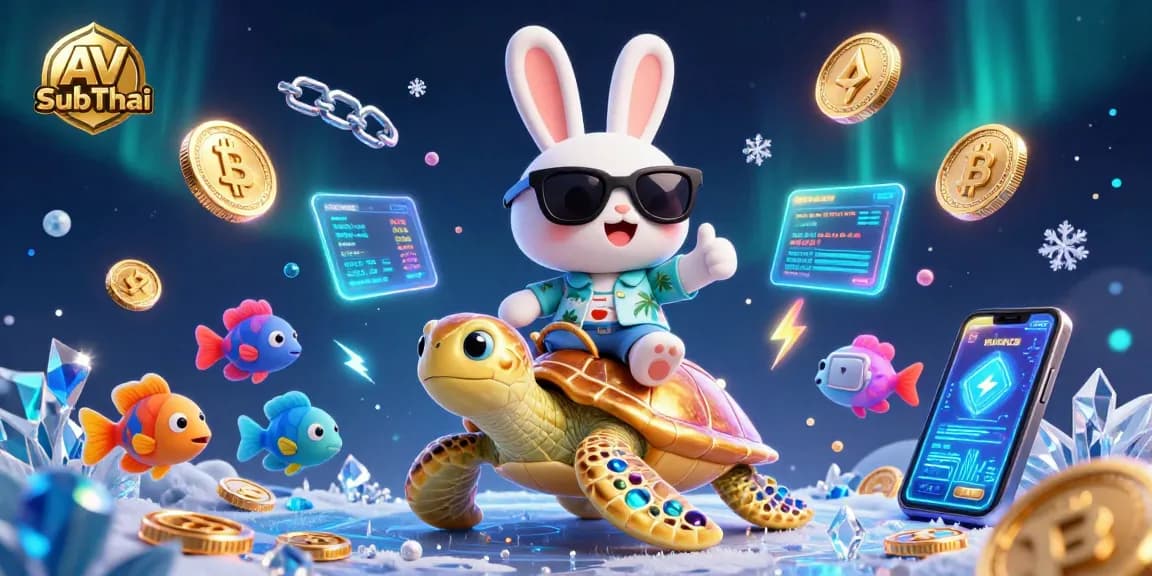 ภาพการ์ตูน 3D ของกระต่ายนำโชคและเต่าทองวิจิตร พร้อมสัญลักษณ์ AV SubThai ที่สื่อถึงการเล่นเกมคาสิโน