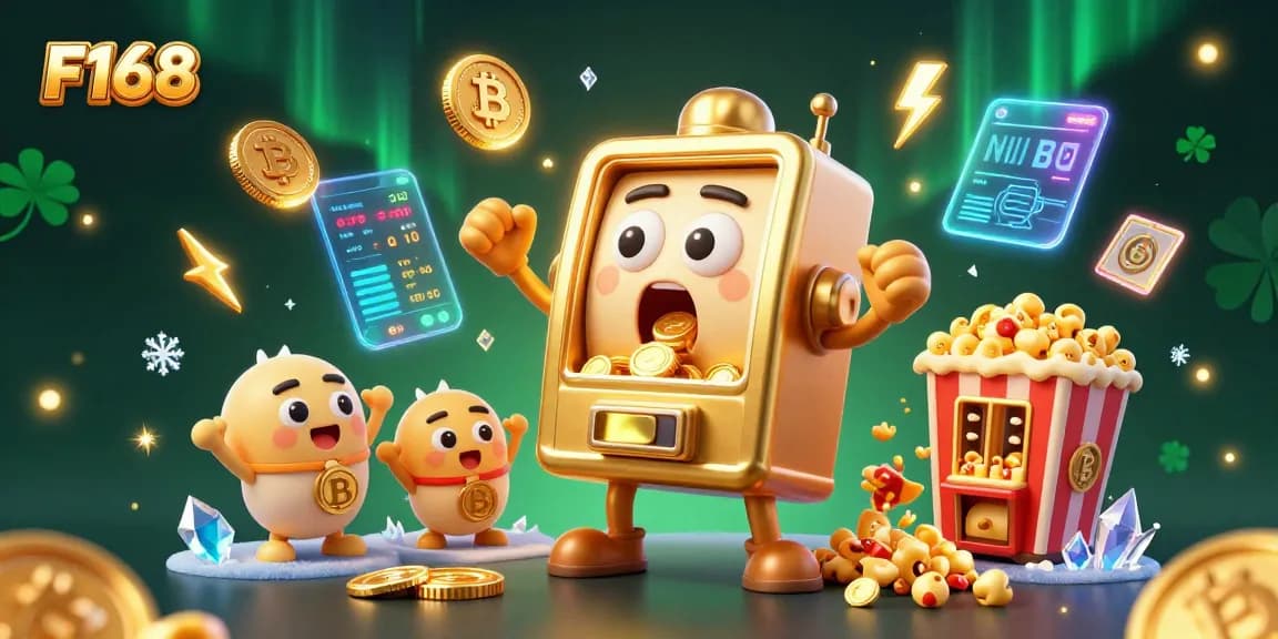 F168 slot machine celebrates a big win with coins pouring out, surrounded by crypto icons and festive atmosphere.