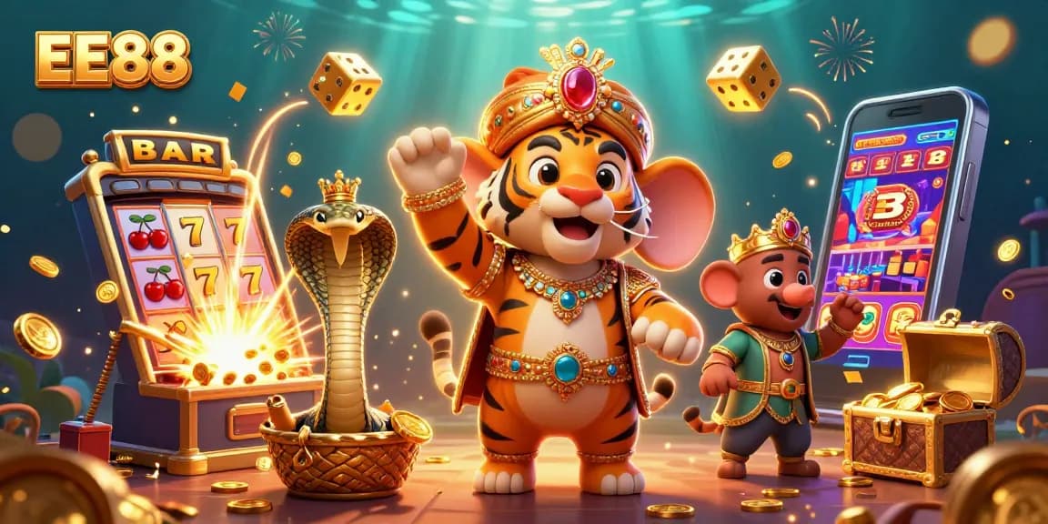 Experience thrilling gambling adventures with EE88 in this vibrant casino-themed illustration.