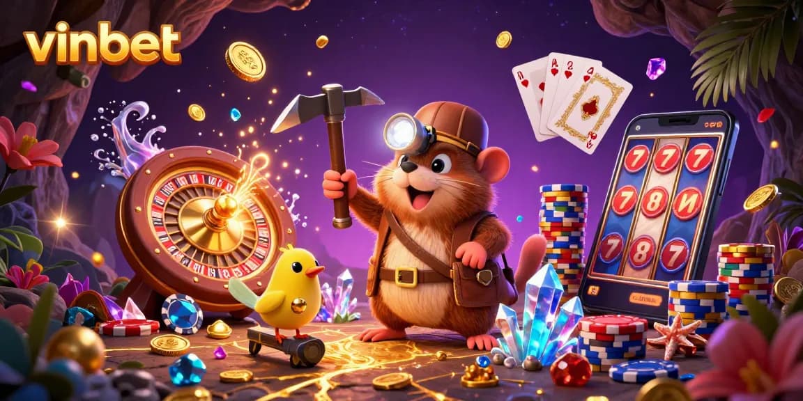 Experience the excitement of vinbet casino with vibrant games and glowing treasures in a 3D illustration.