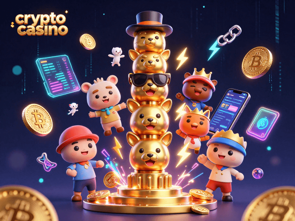 Engage in fun at a crypto casino with vibrant animated characters and glowing currency elements.