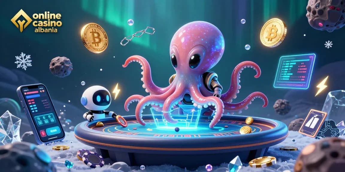 Engage with vibrant online casino albania themes in a 3D illustration of an alien octopus at a holographic poker table.