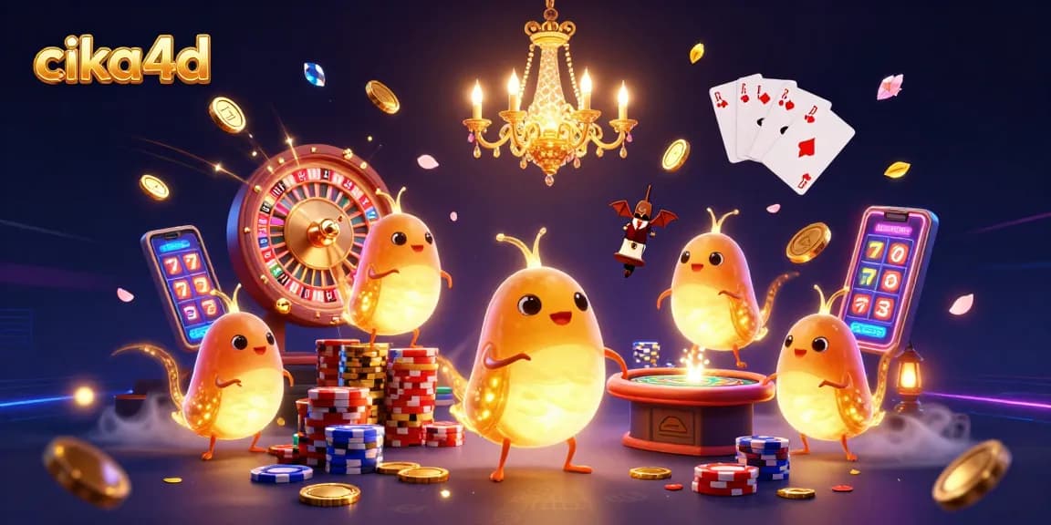 Cika4d showcases a vibrant casino scene with bioluminescent glowworms, cascading coins, and a spinning roulette wheel.
