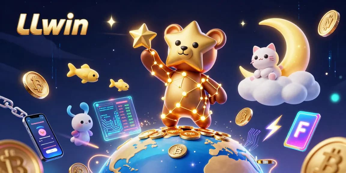 LLwin showcases a captivating 3D digital casino scene where cosmic characters interact with glowing cryptocurrencies and vibrant gaming elements.