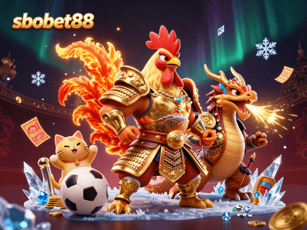 sbobet88 sports betting scene showcasing a rooster warrior, dragon hatchling, and fortune cat amidst dynamic betting elements