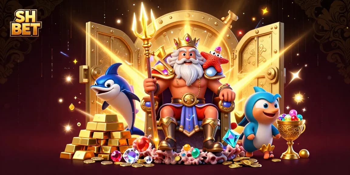 Engage in exciting bets at SH BET while encountering treasures and the regal sea king in vibrant 3D art.
