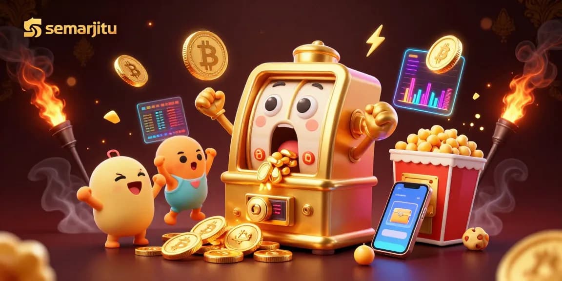 semarjitu meraih jackpot sambil dikelilingi koin Bitcoin dan Ethereum di ilustrasi kasino