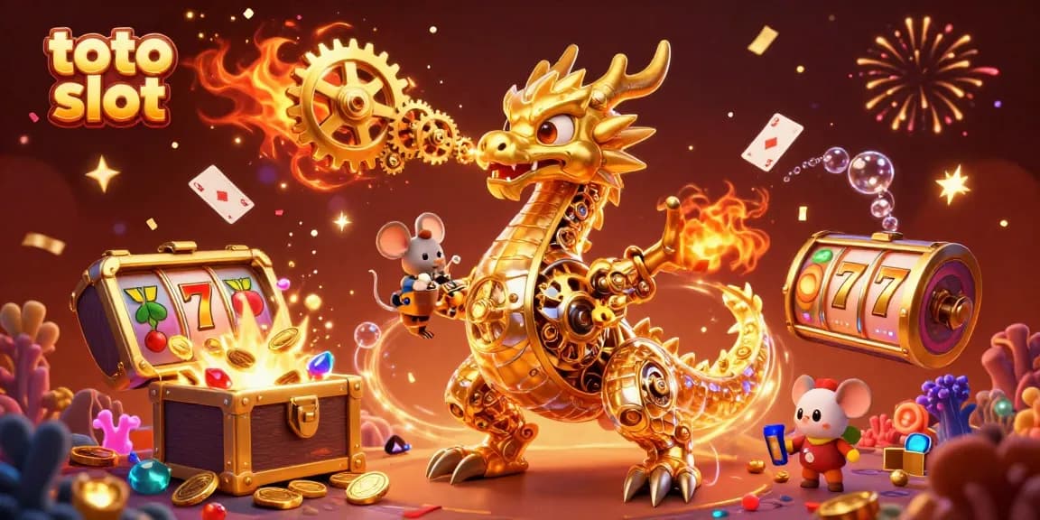Spin to win with toto slot as a dynamic golden dragon breathes gears in an energizing scene.