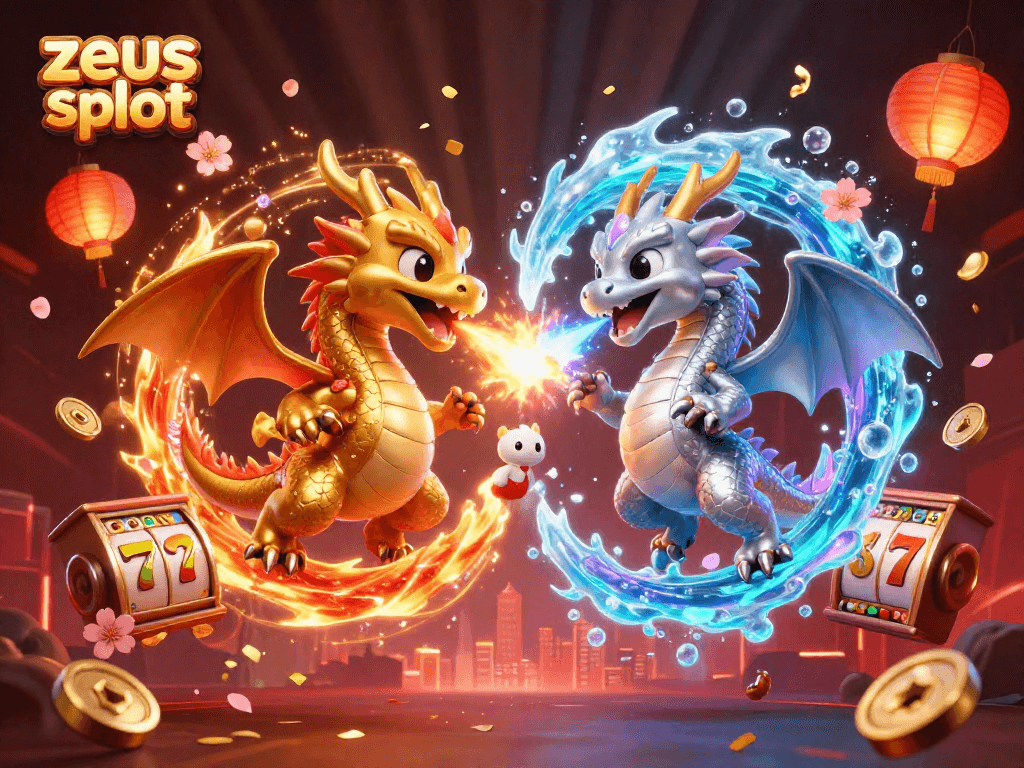 Spin for big wins with zeus slot as dual dragons fight amidst glowing symbols and cherry blossoms.