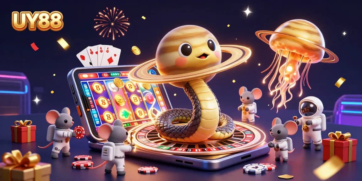 Experience thrilling action at UY88 with a playful cosmic casino scene featuring unique characters and vibrant gaming elements.