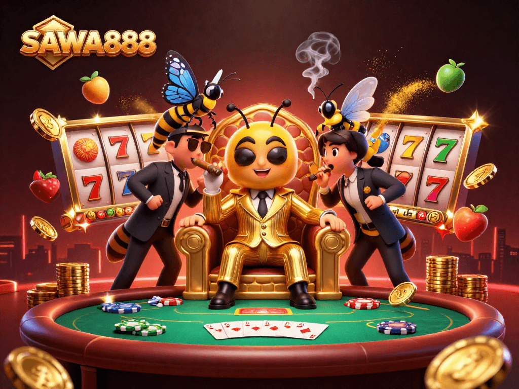Experience the excitement of SAWA888 with vibrant slot reels and engaging characters in a dynamic casino atmosphere.