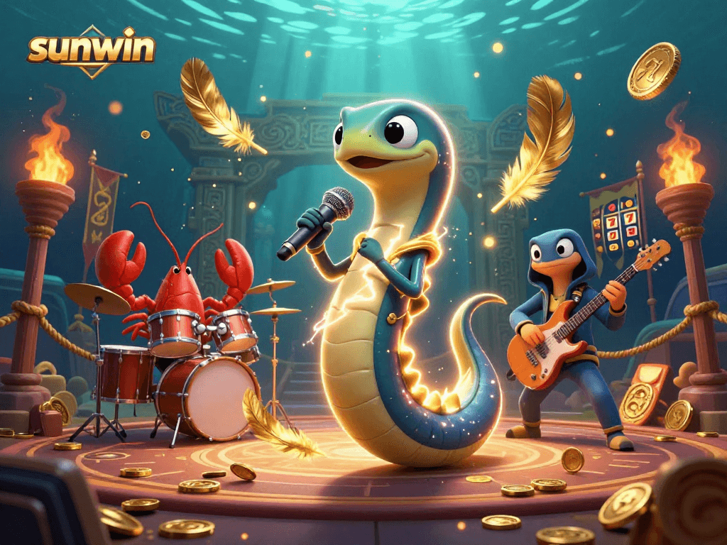 Experience thrilling wins at Sunwin with an electrifying underwater casino concert featuring vibrant characters.