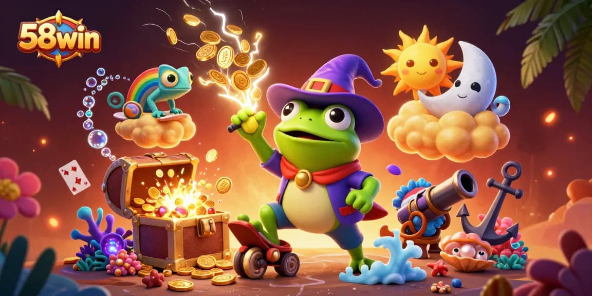 Play and win at 58win with enchanting gaming elements and vibrant cartoon characters in a dynamic casino scene.