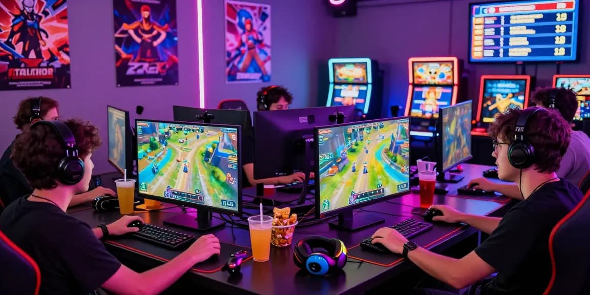 Komunitas gamer sedang berkumpul di Honda555 untuk menikmati slot, dengan monitor berwarna-warni dan suasana penuh semangat.