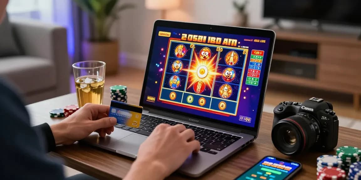 Engaging scene of a player enjoying credit card casinos UK from home with vibrant games and stylish decor.
