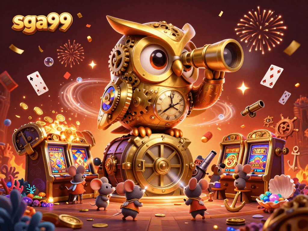 Experience fun at sga99 with a golden owl overseeing action-filled slot machines and treasures.