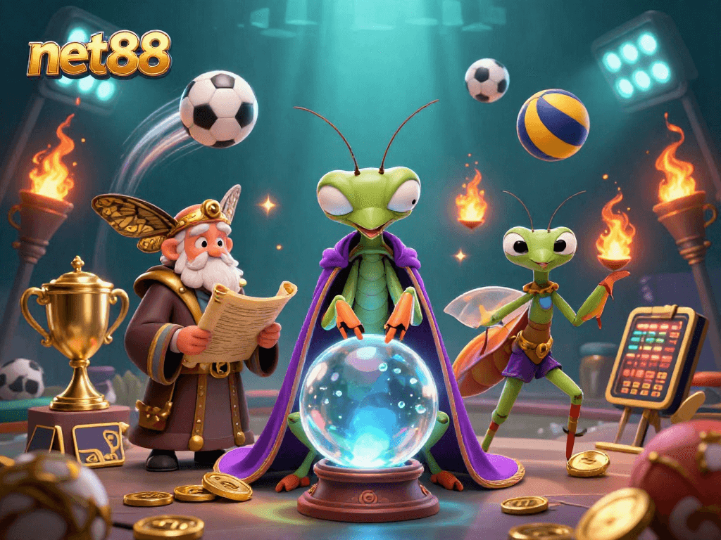 Experience thrilling sports betting with net88 featuring a whimsical fortune teller and vibrant game elements.