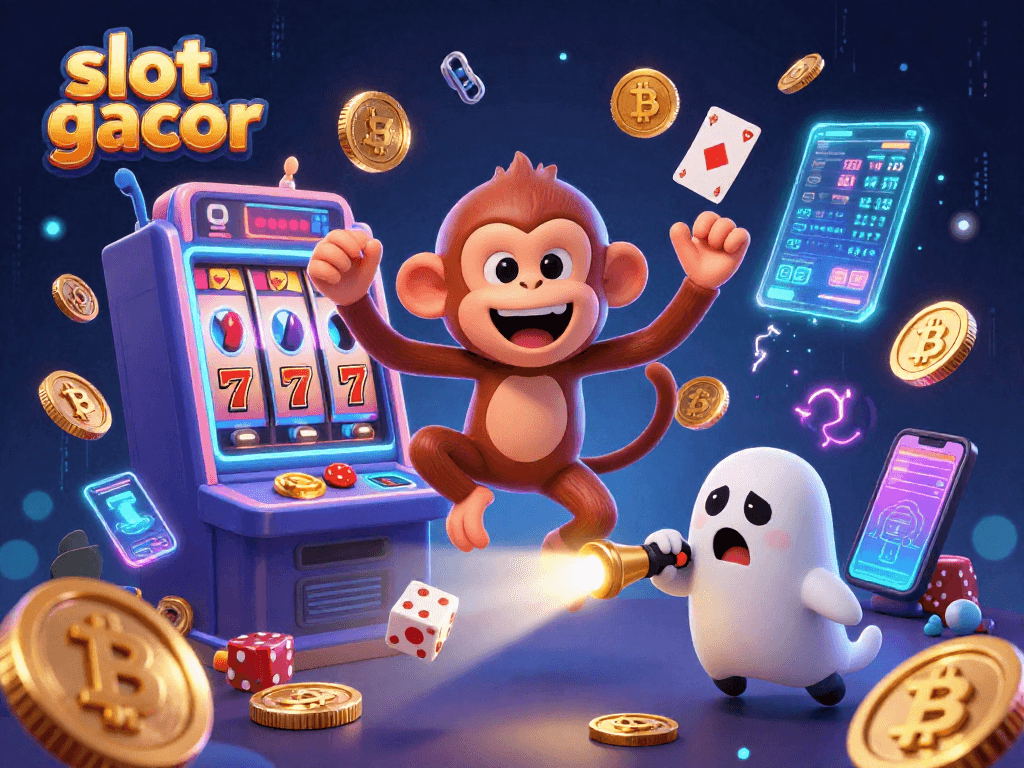 Play exciting slot gacor games amidst golden coins and juggled prizes in a vibrant digital casino.