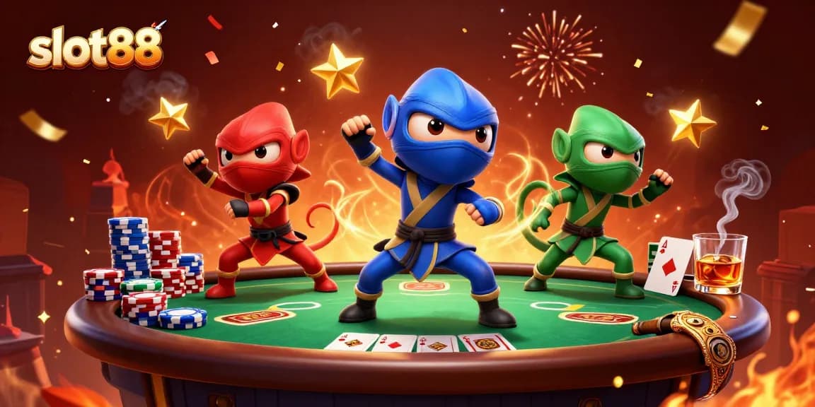 Slot88 menampilkan tim ninja chameleon beraksi dengan elemen kasino penuh warna dan permainan poker