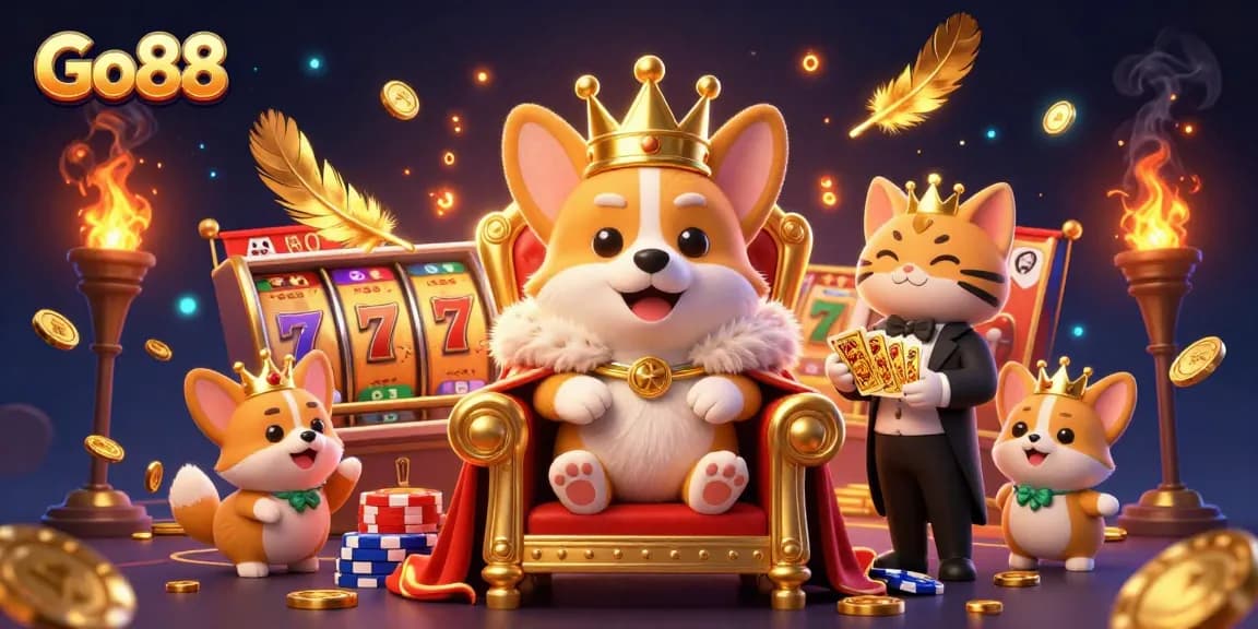 Experience thrilling slots at Go88, with a royal corgi on a chip throne surrounded by luxury and action.