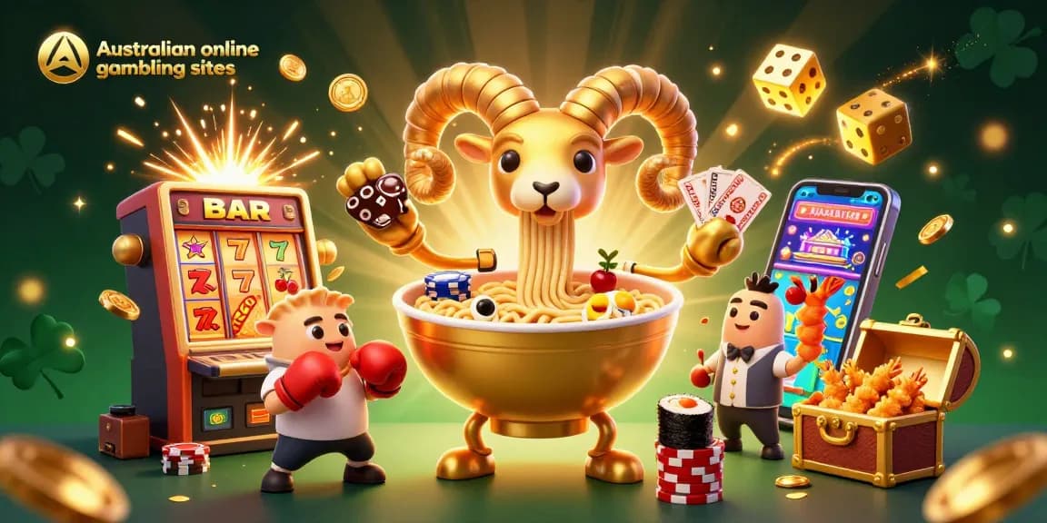 Interactive scene of Australian online gambling sites with vibrant casino characters and elements
