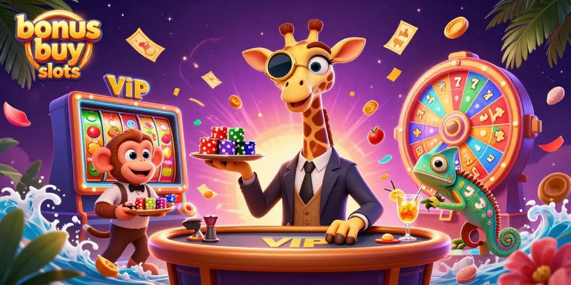 Experience dynamic fun with bonus buy slots in this vibrant casino scene.