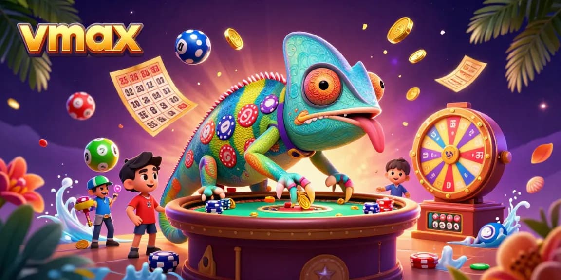 Play vmax casino games with the vibrant chameleon owner, collecting coins and enjoying colorful celebrations.