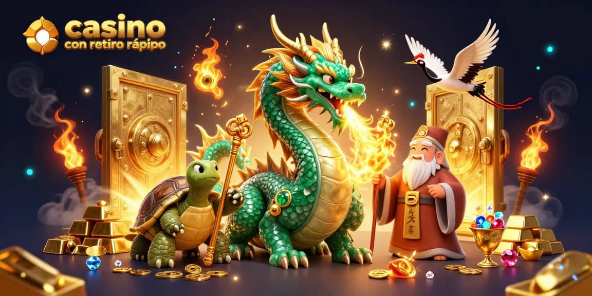 Casino con retiro rápido con dragón y tortuga en un entorno lleno de tesoros y juegos de azar.