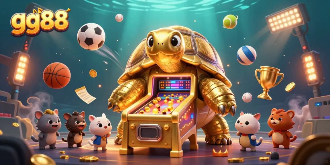Engage with gg88's colossal golden tortoise pinball machine in a dynamic gaming scene.